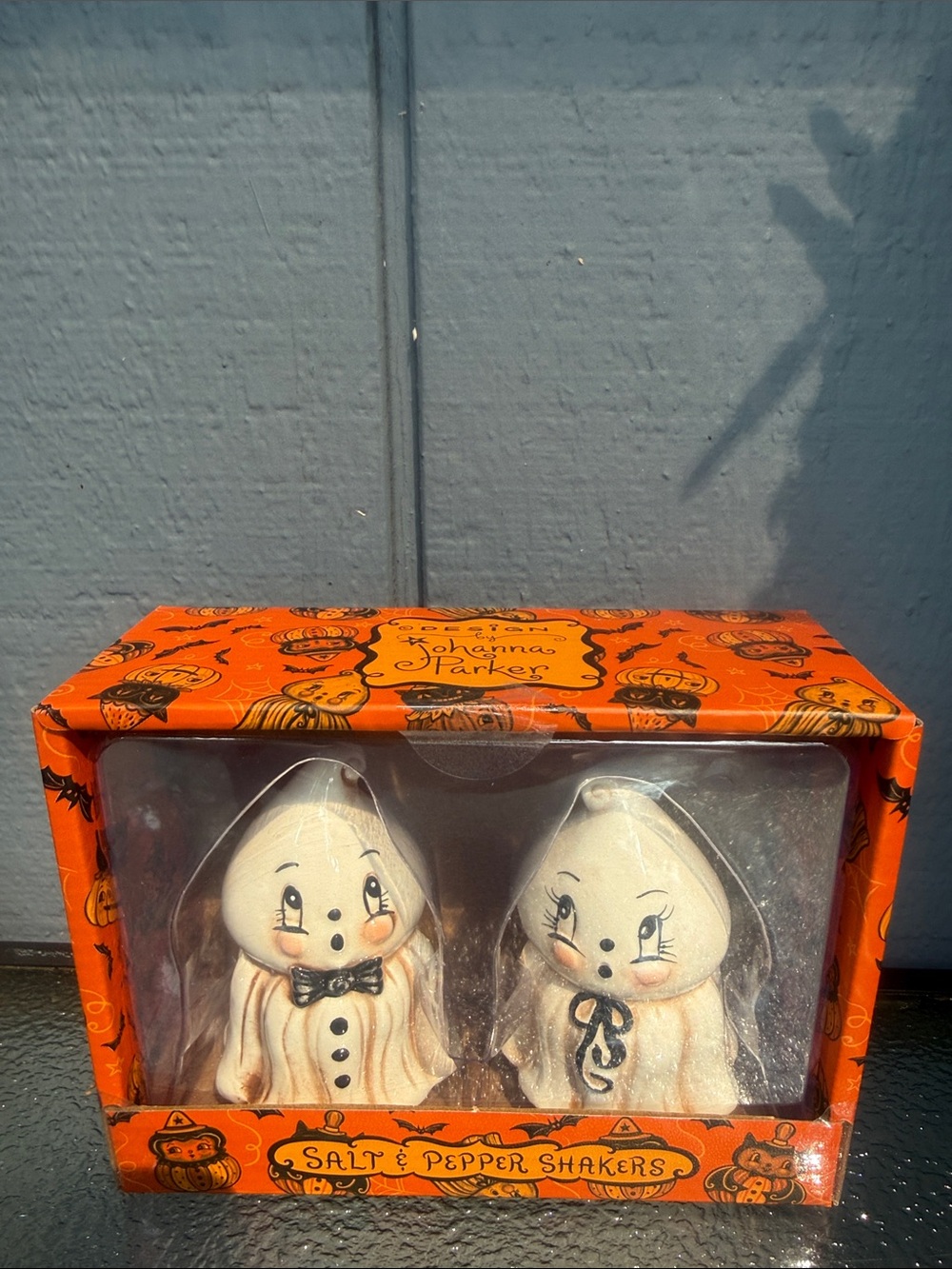 Set of Halloween Ghost Salt & Pepper Shakers - Orange Box